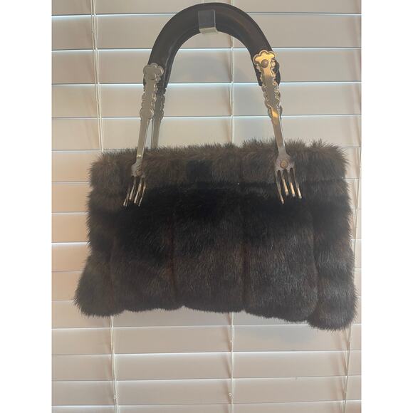 Isabella’s Journey Purse Faux Mink Fur Double Handle Fork Handles Unique - Picture 1 of 13